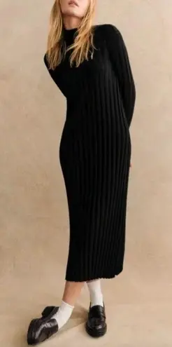 Sézane Sezane Katrina Midi Dress Noir Black Ribbed Knit Long Sleeve Merino Wool