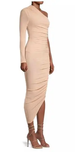 Misha Collection MISHA Tansy Ruched Sparkle Mesh Midi Dress in Champagne