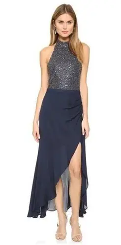 Haute Hippie | Navy Blue Beaded Silk High Neck wrap Skirt Gown Halter | Size 12