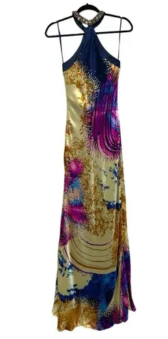 Wow! Prom & Pageant 100% Silk Formal Dress Sleeveless Gold Blue Y2K Size 4