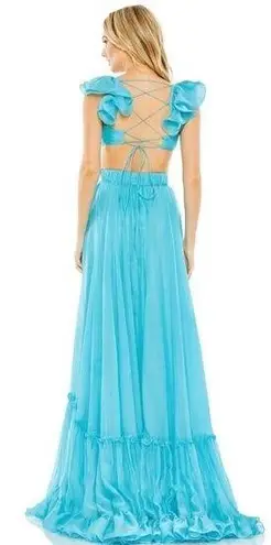 Mac Duggal Ruched Ruffled Shoulder Cut Out Lace Up Gown in Turquoise US 12 NWT