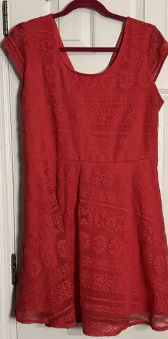 Xhiliration Coral Print Short Sleeve Lace Print Dress, Poly/Span, Back Open, XL Pink