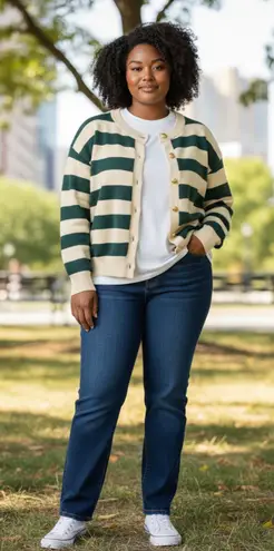 Long Sleeve Crew Neck Button Up Striped Sweater Cardigan Green White Size Large - Image 1