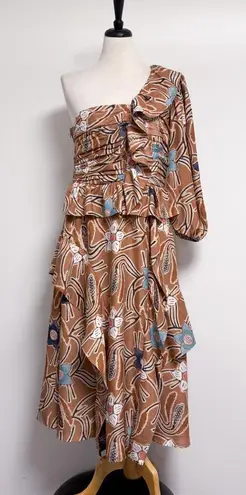 Ulla Johnson Copper Brown Ivory Floral Mariam One Shoulder Silk Midi Dress 12