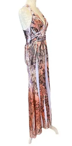 Chesley women's size medium maxi dress peach cream black tie back butterfly