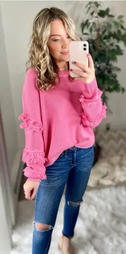 Fantastic Fawn Pink Fringe Trim Sweater Knit Pullover Casual Cute Size S Girly