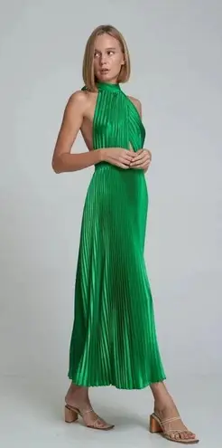 L’IDEE Bright Green Renaissance Mock Neck Pleated Satin Midi Dress Size 12