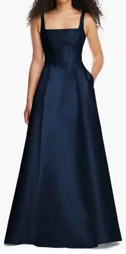 Alfred Sung NWOT  Corset Satin navy maxi square neck Gown size 4