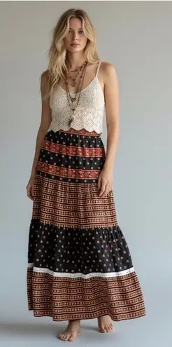 Vintage 70s Western Bohemian Prairie Maxi Skirt Size 11 Floral Lace Hippie Fall Blue