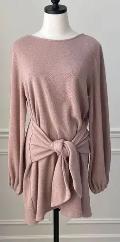 Saints + Secrets Beige Knit Front Knot Dress Balloon Sleeves L