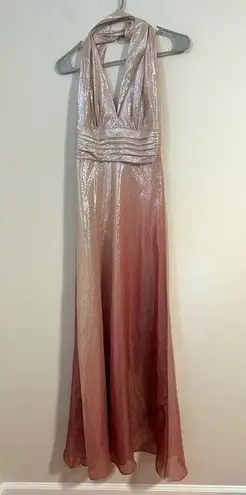 David Meister  Rose Gold SILK metallic halter wedding guest gown dress maxi