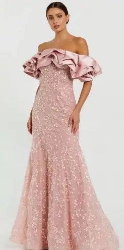 Mac Duggal 21003 Pink Beaded Mermaid Gown With Off The Shoulder Ruffle