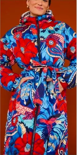 Farm Rio Womens Colorful Graphic Floral Reversible Puffer Jacket Size XS Belted