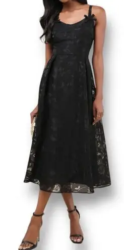 Lulus Flirtatious Crush Black Burnout Floral Pleated Bow Midi Dress Whimsygoth S