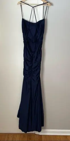 La Femme  Shiny Jersey Blue Open Back Trumpet Gown Dress