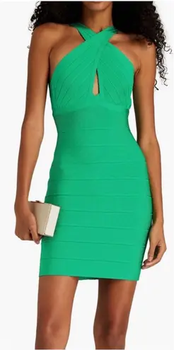 Herve Leger NWT X Front Halter Cross Neck Dress Bodycon Bandage Green Opal - Image 1