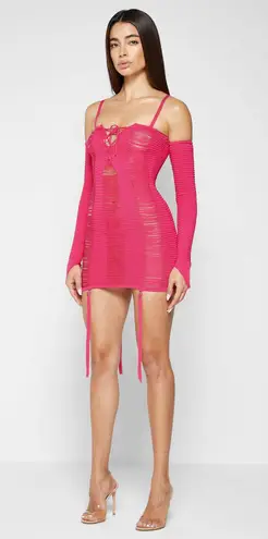 Maniere De Voir LADDERED KNIT MINI DRESS WITH SLEEVES - PINK