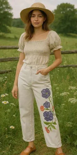 Coldwater Creek Vintage White Floral Wide Leg Cropped Jeans Cottagecore Boho 16P