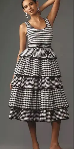 Hunter Bell Andrea Dress Black White Gingham Tiered Midi Size 4