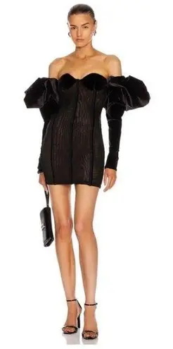 LaQuan Smith Black Velvet Mesh Off-The-Shoulder Puff Sleeve Mini Dress S