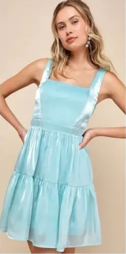 Lulus Thriving Darling Shiny Teal Blue Mermaidcore Sleeveless Tiered Mini Dress Size M