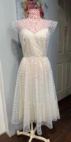 1950s Warren Petites Ivory Polka Dot Tulle Illusion Dress Tea Length Size 6 White