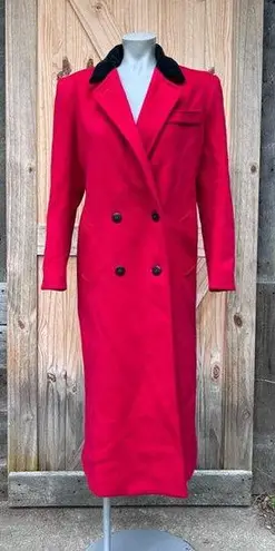 Vintage Alorna Long Red Wool Black Velvet Collar Double Breasted Maxi Coat~M~