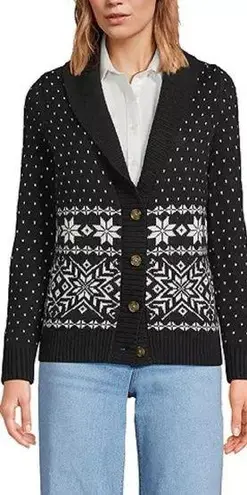 Lands’ End Women’s Wool Blend Cozy Lofty Jacquard Shawl Cardigan Sweater Black S