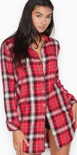 Victoria's Secret Red & Black Plaid Flannel Long Sleeve Pajama Nightshirt