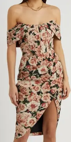 Lavish Lice Lavish Alice Floral Rose Print Off The Shoulder Corset Midi Dress