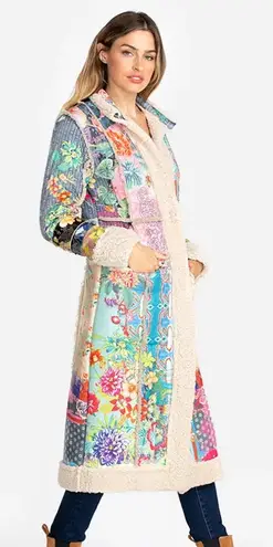 Johnny Was Dreamer Suede Sherpa Coat Floral Faux Fur Mid-Length Multi L