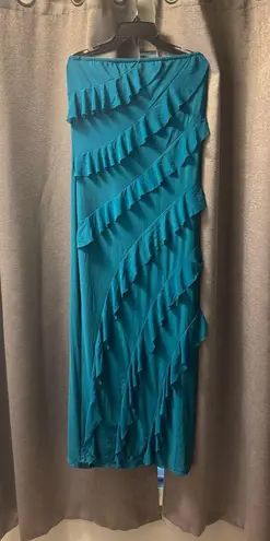 PRETTYGARDEN Strapless Teal Ruffle Maxi Dress | Formal Evening Wedding Guest