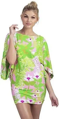 Trina Turk  La Palma Green Floral Print Tunic Swim Coverup Mini Dress Size Small