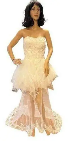 Unique Vintage Vintage high low wedding prom strapless corset tulle maxi train dress size small