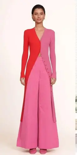 STAUD Shoko Ribbed Cardigan Sweater Dress Colorblock Two Tone Midi Pink Red