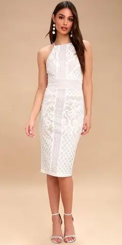 LULUS Primrose Nude and White Lace Bodycon Midi Dress Size Small