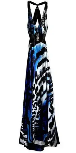 Cache  Evening Maxi Dress Plunging V Zebra Print Sleeveless Elegant Blue Black 10