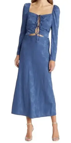 WAYF The Adeline Cutout Floral Jacquard Halter Midi Dress Blue Size XXS NWT