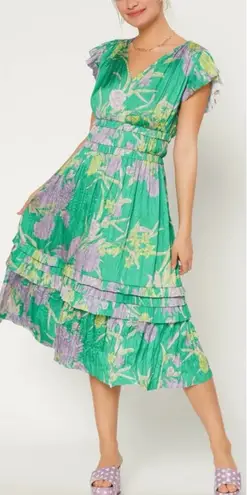 Current Air Sereia Botanical Motif Midi Dress Green Purple Floral - Sz S ๐งก๐