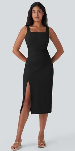 Halara Dress Women XL Black Softlyzero Airy Square Neck Corset Ruched Midi NWT