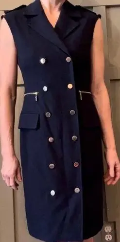 Calvin Klein  Navy Blue Gold Button Sleeveless Crepe Sheath Dress Size 2