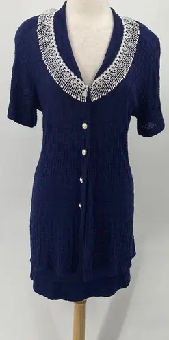 Vintage 2 Piece Skirt Set Crochet Knit Lace Trim Button Front Navy Blue XS/Small