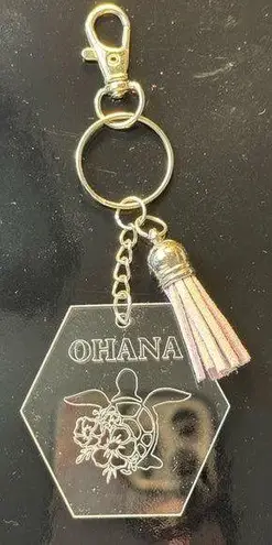 Handmade Ohana Engraved Clear Acrylic Keychain Hexagon Shaped With Tassel Purse Charm
