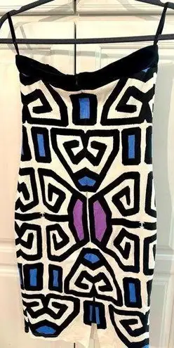 Summer White Geometric Patterned Dress with Blue and Purple Accents Size XS Black
