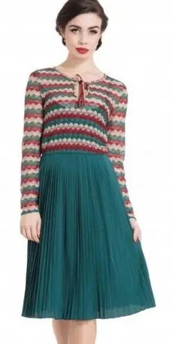 Voodoo Vixen Iris Tan Multi Chevron Pleated Retro Midi Dress Size Small