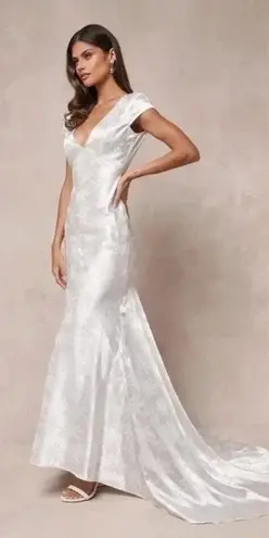 Lulus Loveliest Dream White Satin Jacquard Backless Mermaid Maxi Dress Size L Size L