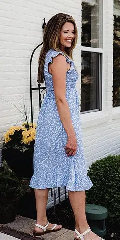 Staccato Smocked Blue Floral Bodice Midi Dress