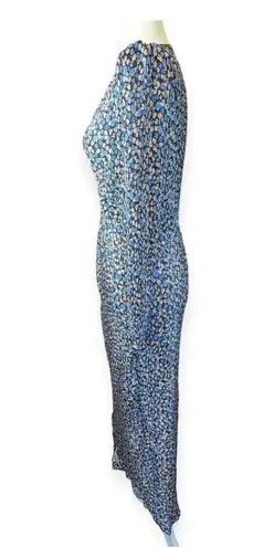 Saylor Ditsy Floral Midi Dress Blue Deep V-Neck High Slit Long Sleeves