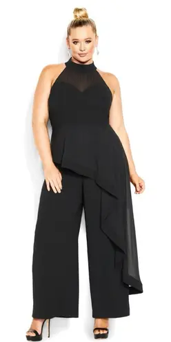 City Chic Mika Halter Jumpsuit Sheer Asymmetrical Ruffle Overlay Wide Leg 20