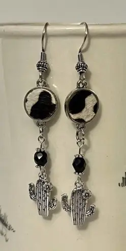 Silver Tone Black Tan Cow Hide Black Glass Cactus Dangle Earrings Handmade NEW
